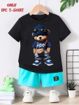 Boys' Cool Bear Print T-Shirt Polyester Crew Neck Short Sleeve Tee With Slight Stretch Casual Summer Top For Kids - Regular Fit
