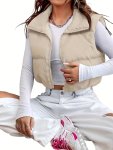 Zip Up Cropped Vest Coat Casual Solid Sleeveless Stand Collar Outerwear Women's Clothing