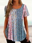 Ditsy Floral Print Crew Neck T-Shirt Vacation Short Sleeve Top For Spring & Summer Women's Clothing