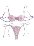 Lilosy Sexy Tie Side Cute Underwire Push Up Strappy Embroidered Mesh Sheer Lingerie Set Women See Through Bra And Panty 2 Piece