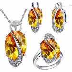Uloveido Women's White Gold Plated Yellow Cubic Zirconia Stud Earrings Oval Pendant Necklace Ring Wedding Jewelry Set Silver Col
