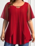 Plus Size Solid 2 In 1 Hollow Out Top Casual Crew Neck Short Sleeve Top Women's Plus Size Clothing