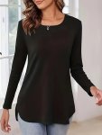 Solid Color Crew Neck T-Shirt Casual Long Sleeve Curved Hem T-Shirt For Spring & Fall Women's Clothing