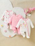 3PCS Newborn Baby's Cartoon Pentagram & Dancer Pattern Footed Bodysuit Casual Long Sleeve Romper Toddler & Infant Girl's Onesie