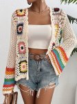 Crochet Open Front Cardigan Casual Long Sleeve Hollow Out Cardigan For Spring & Fall Women's Clothing