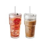 Suroque 20OZ Ribbed Glass Tumblers With Lids & Straws Ideal For Iced Coffee Cocktails & More - Includes Cleaning Brush