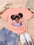 Cute Cartoon Girl Graphic Print Girls' Comfy Crew Neck Short Sleeve T-Shirt Suitable For Summer Daily Wear