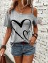 Heart Print Cold Shoulder T-shirt Casual Short Sleeve Backless Asymmetrical Top Women's Clothing