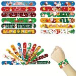 12PCS Christmas Slap Bracelets Santa Claus Snowflake Elk Xmas Tree Print Pop Circle Toys Merry Christmas