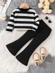 2-PIECE Girl's Striped Long Sleeve Sweatshirt Top + Flared Trousers Set - Comfy Versatile For Spring Fall Casual Outings Party
