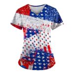 4TH Of July Scrubs For Women V Neck Short Sleeve Printed Tops Cartoon Pattern Plus Size Nursing With Pockets Red L