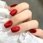 24PCS Glossy Medium Square Fake Nails Wine Red Glitter Cat Eye Press On Nails Sparkling Full Cover False Nails For Women Girls C