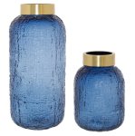 Set Of Two Midnight Blue Vases With Gold Metal Ring 34 Cm And 17 Cm