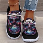 Women's Skull Pattern Canvas Shoes Slip On Lightweight Soft Sole Walking Shoes Round Toe Halloween Shoes