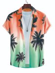 Coconut Tree Pattern Gradient Color Print Men's Short Sleeve Button Down Lapel Shirt For Summer Resort Holiday Hawaiian Style