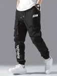 Letter Print Men's Drawstring Cargo Pants Flap Pocket Loose Trendy Jogger Pants Mens Work Pants