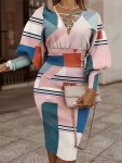Color Block Puff Sleeve Dress Criss Cross V-neck Long Sleeve Dress Casual Every Day Dress Women's Clothing