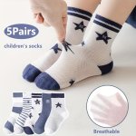 5 Pairs Of Boy's Trendy Cartoon Pentagram Striped Pattern Crew Socks Breathable Comfy Casual Style Unisex Socks For Kids Outdoor