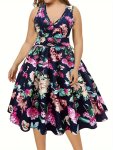 Plus Size Floral Print Tank Dress Vacation Style Cinched Waist Swing V Neck Dress For Spring & Summer Women's Plus Size Clothing
