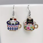 1PAIR Cat Earrings Small Black Cat In Teacup Earrings Finely Detailed Kawaii Cat Earrings Whimsical Adorable Sweet Cuteness