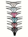 6 Pcs Sexy Thongs Lace Hollow Out Contrast Trim Semi Sheer Intimates Panties Women's Lingerie & Underwear