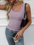 Ribbed Crew Neck Tank Top Casual Sleeveless Slim Fit Top For Spring & Summer Women's Clothing