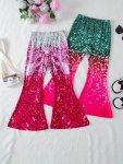 2PCS Fake Sequins Girls Gradient Color Glitter Print Trendy Bell-bottom Pants