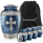 Reminded Set Of 5 Engraved Cross Cremation Urns For Human Ashes - 1 Brass Adult + 4 Keepsake Token Size Blue