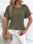 Button Decor Solid T-Shirt Casual Crew Neck Short Sleeve Top For Spring & Summer Women's Clothing