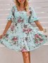 Floral Print Shirred Waist Dress Elegant Short Sleeve Square Neck Dress Women's Clothing