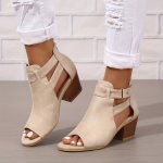 Women's Chunky Heeled Sandals Peep Toe Solid Color Cut-out Back Zipper Low Heels Retro Stacked Heeled Sandals