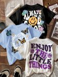 3-PACK Women's Butterfly & Floral Graphic T-shirts - Casual Round Neck Short Sleeve Polyester-blend Tops With Smiling Face Print