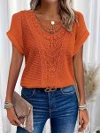 LaCie Lace Splicing Crew Neck T-Shirt Casual Short Sleeve Top For Spring & Summer Women's Clothing
