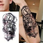 1 Sheet Large Tiger & Clock Temporary Tattoo For Men And Women Realistic Long-lasting Fake Tattoo For Arm Thigh Forearm - Oblong