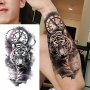 1 Sheet Large Tiger & Clock Temporary Tattoo For Men And Women Realistic Long-Lasting Fake Tattoo For Arm Thigh Forearm - Oblong Shape Removable Body Art