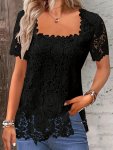 Solid Lace Square Neck Blouse Elegant Short Sleeve Blouse For Spring & Summer Women's Clothing