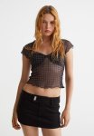 Lace-trimmed Mesh Top - Black checked