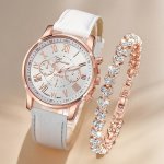 Elegant Women's Quartz Watch & Bracelet Set - 2PCS Shockproof With Rhinestone Accents Round Analog Display Faux Leather Band - P