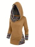 Button Decor Ethnic Print Hoodie Casual Long Sleeve Hooded Top Women's Clothing