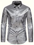 Sequin Checkered Men's Party Fashion Long Sleeve Button Up Shirt Spring Fall