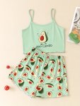 2 Pcs Girls Cute Pajama Sets Medium Stretch Print Short Tshirt & Shorts Fashion Design With Fresh And Stylish Cool Beverage Patt