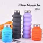 1PC Collapsible Silicone Water Bottle With Carabiner Portable Telescopic Cup With Stainless Steel Rim For Sports Outdoor Travel 