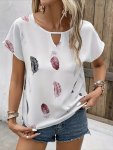 Feather Print Cut Out Blouse Elegant Batwing Sleeve Blouse For Spring & Summer Women's Clothing