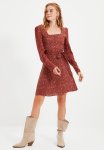 Belted Square Collar Dress - Rust