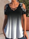Plus Size Gradient Floral Applique Cross Front T-Shirt Casual Cold Shoulder Short Sleeve Top For Spring & Summer Women's Plus Si