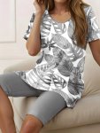 Plus Size Casual Shorts Set Plant Print Crew Neck Short Sleeve Top & Shorts Outfits For Spring & Summer Women's Plus Size Clothi
