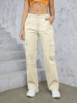 Plain Flap Pockets Cargo Pants Loose Fit High Waist Wide Legs Sports Straight Jeans Women's Activewear