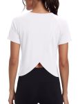 Quenteen Womens Open Back Workout Tops Short Sleeve Crew Neck Athletic Shirts Gym Running Yoga Tee Shirt White XL