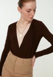 Double Breasted Collar Knitted Bodysuit - Brown