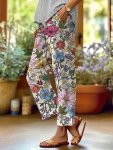 Plus Size Floral Print Wide Leg Pants Casual Elastic Waist Pants For Spring & Fall Women's Plus Size Clothing